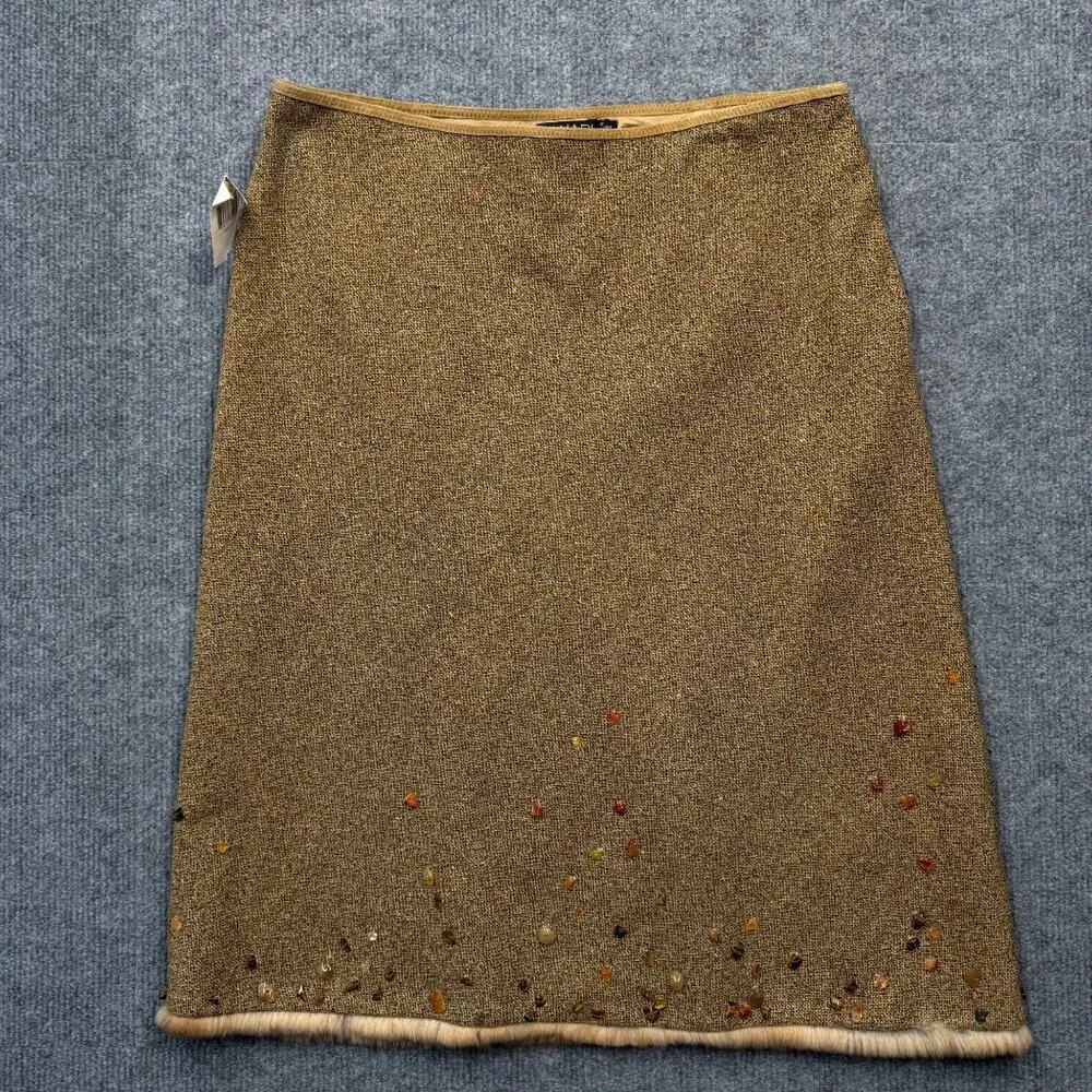VTG 90s NEW Tahari Tweed Wool Blend Skirt Fur Hem Pepple Accents Camel Boho Chic